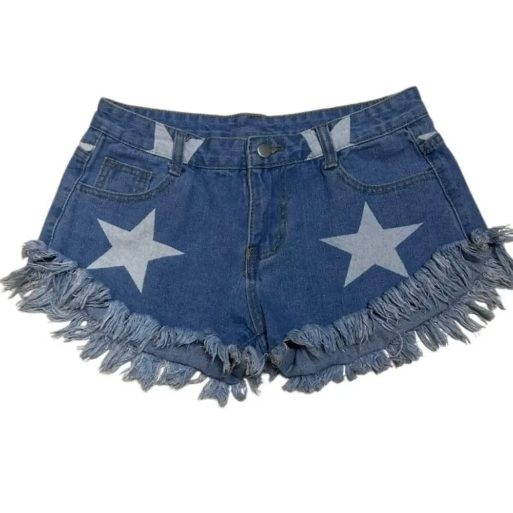 NWOT Shein Jean Shorts Women's Medium Blue Star Print Frayed Mid-rise